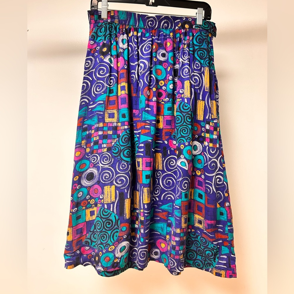 Vintage 80s Fun Geometric Flowy Skirt W/ Pockets Casual Comfy